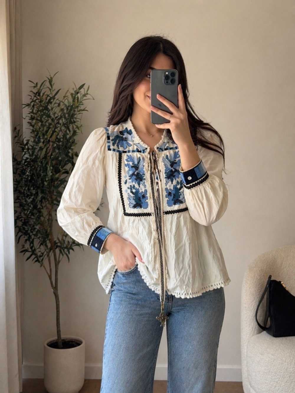 Brash Cream Peasant Blouse with Blue Embroidered Yoke